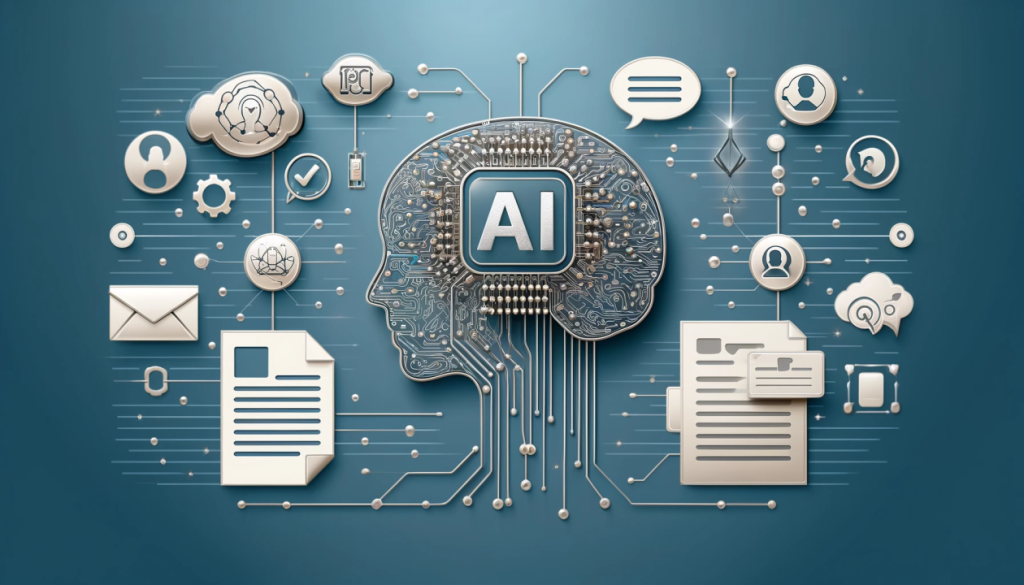 Image of a circuit board with circuits forming a human head with an "AI" text at its center. There are icons of other things like documents, letters and gears around the circuit board.