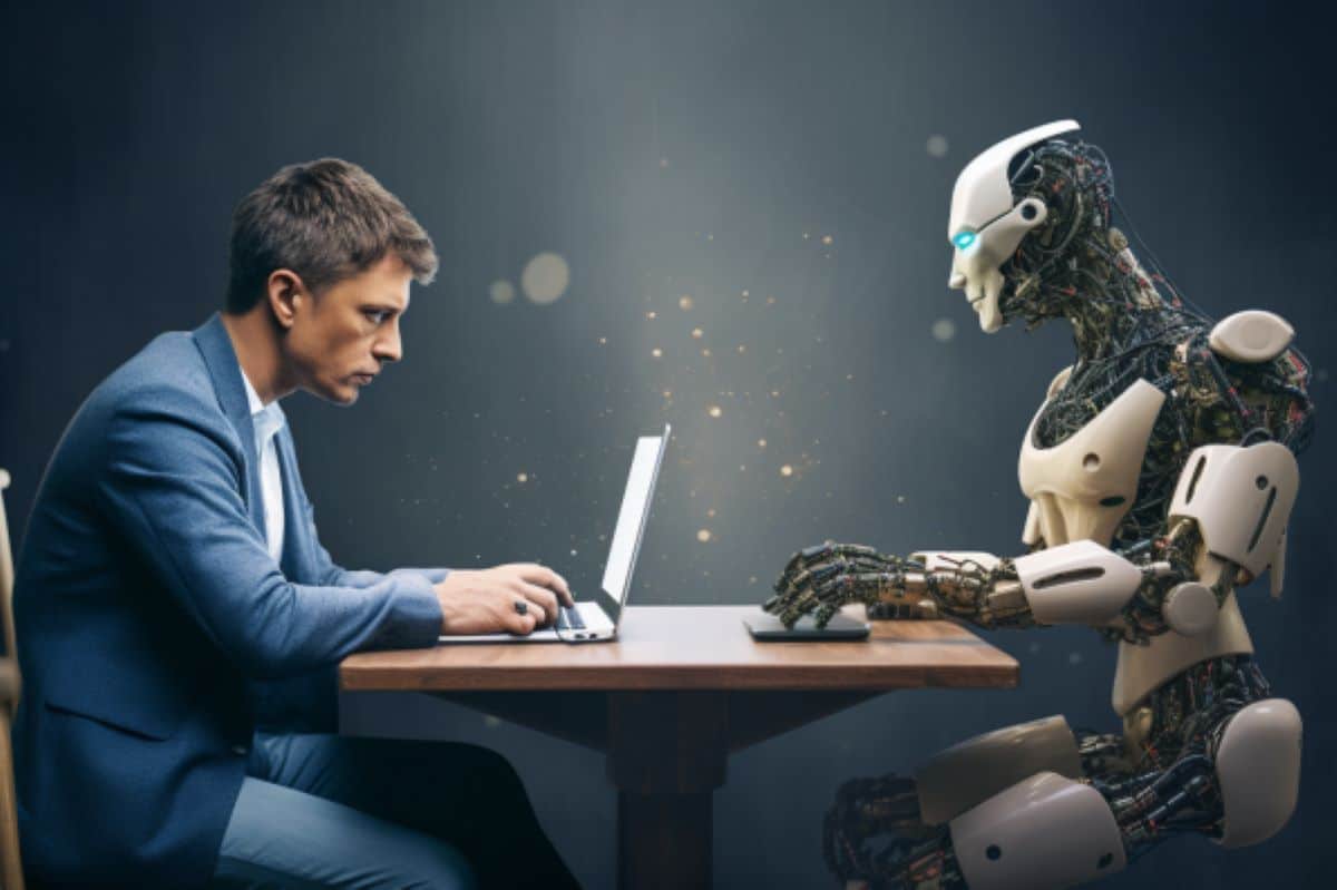 Picture of man and a robot seating at a small square table, they are looking at each other. The man is using a laptop, the robot has it's hand on what looks like a keyboard.